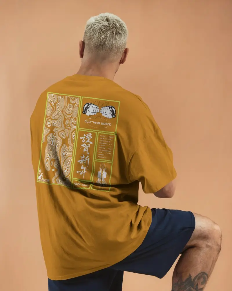 Back View Tshirt Mockup Male Model In White Tee Posing On One Knee Warm Peach Background
