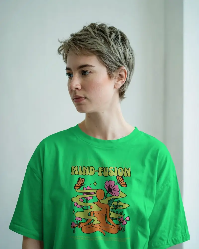 Front View Tshirt Mockup Female Model With Short Hair Soft Window Light Clean Minimal Setting