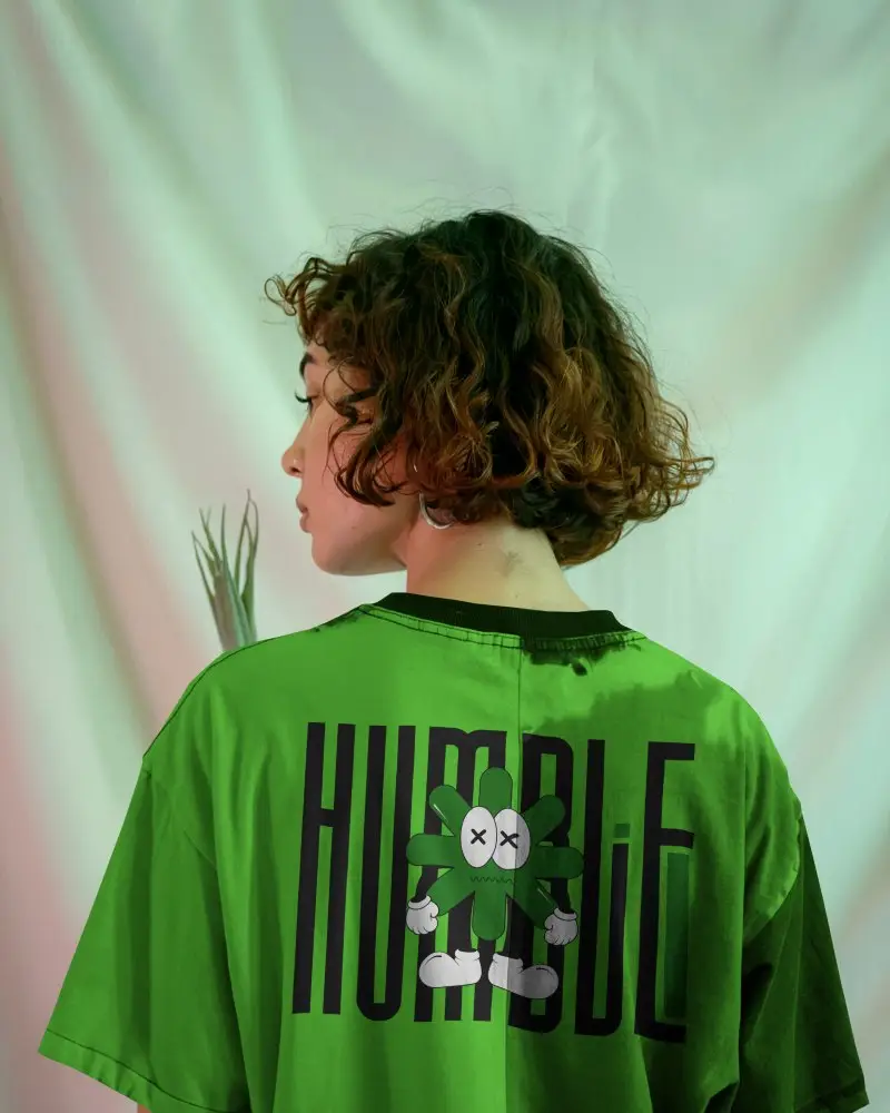 Back View Acid Wash Tshirt Mockup Female Model Curly Hair Two Tone Dye Effect Soft Light