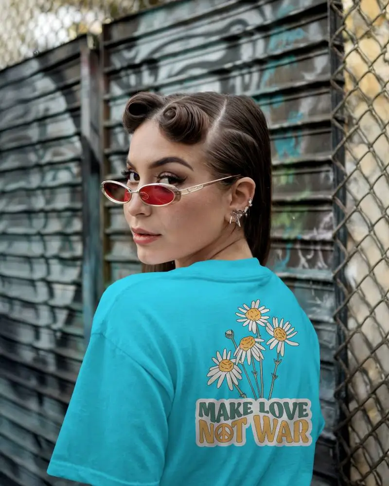 Street Style Tshirt Mockup Woman In Retro Sunglasses Standing Against Graffiti Wall