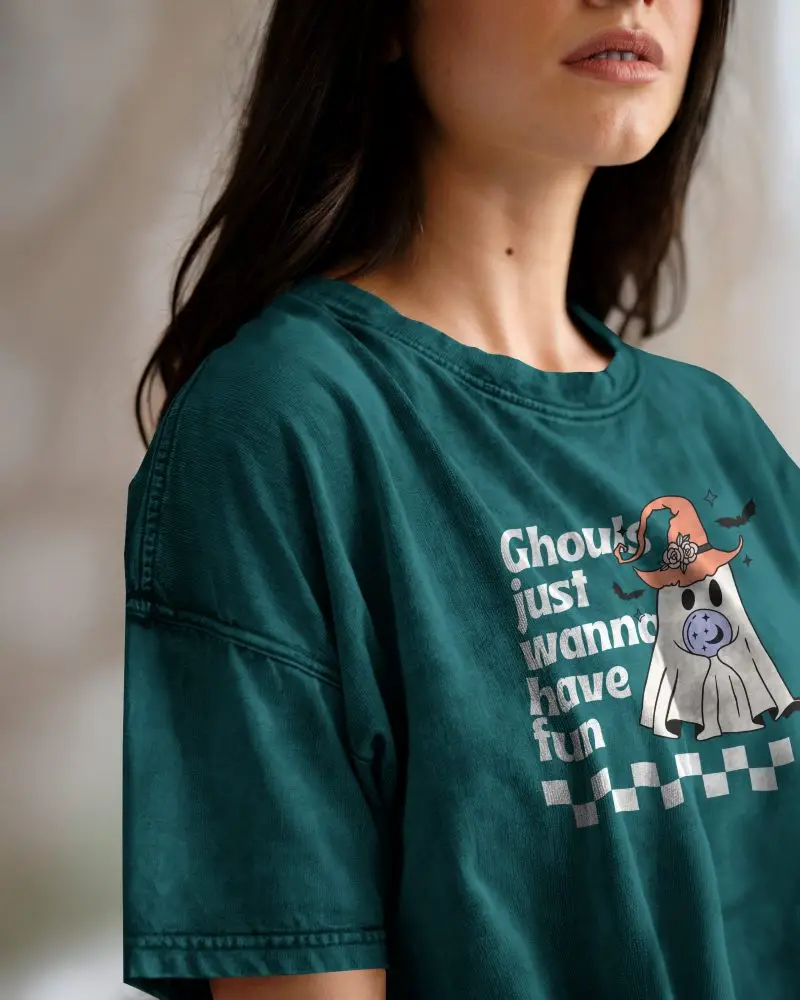 Acid Wash Tshirt Mockup Closeup On Female Model Natural Lighting