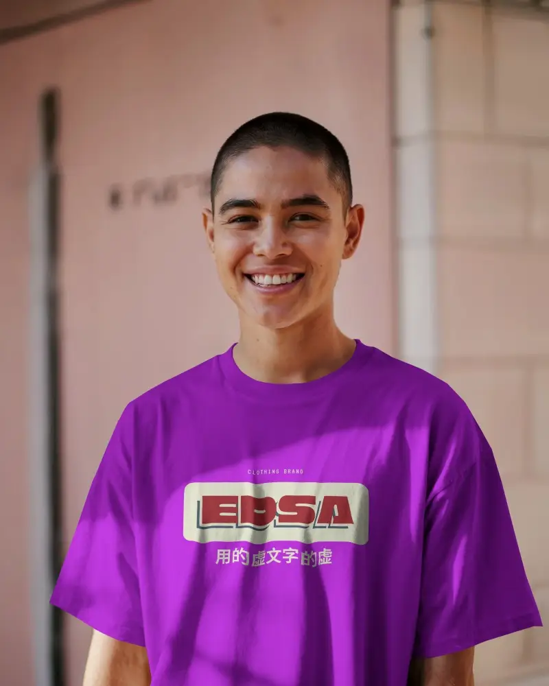 Outdoor Daylight White Tshirt Mockup Smiling Model In Soft Pink Urban Background Natural Light On Tee Great For Lifestyle Brand Or Summer Campaign