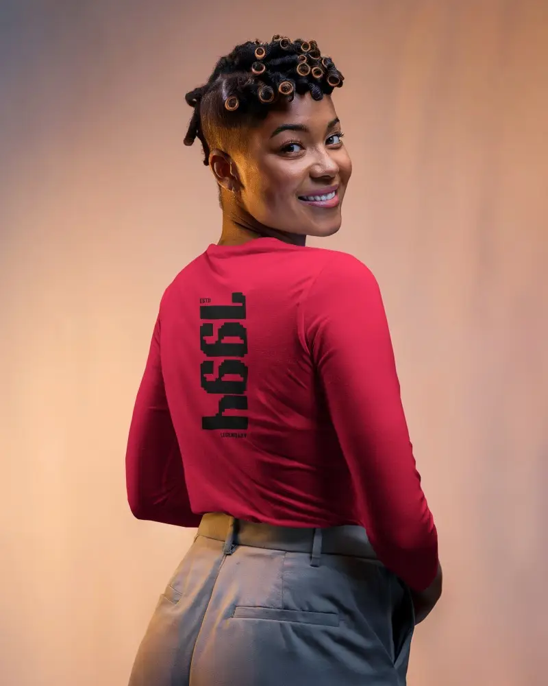 Elegant Back Facing Tshirt Mockup Of Afro Futuristic Model In Longsleeve White Shirt Gradient Studio Lighting Professional Branding Shot