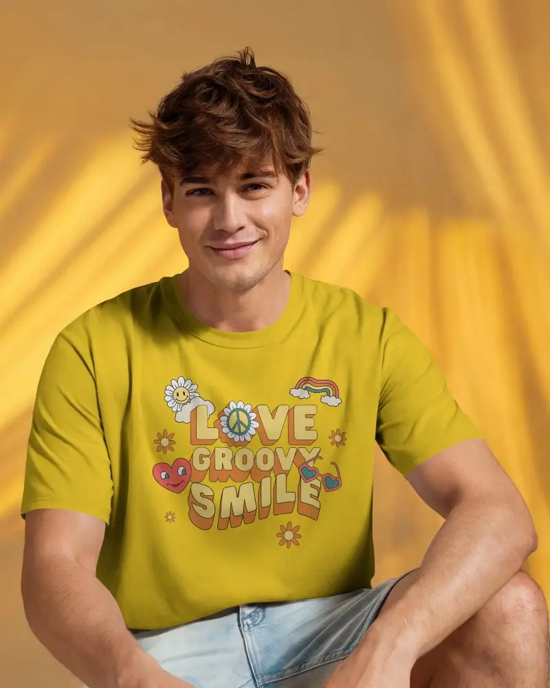 Youthful Energy White Tshirt Mockup Male Model In Casual Summer Look Sitting Against Yellow Curtain Vibrant Light Play Modern Brand Style