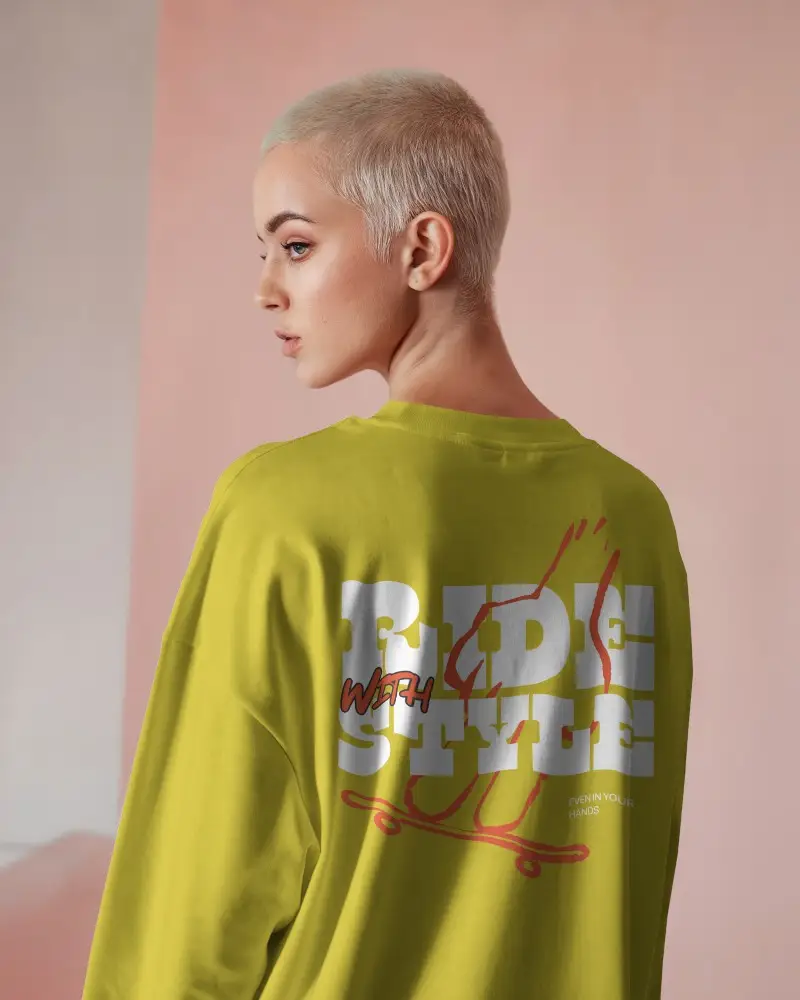 Minimalist Long Sleeve White Tshirt Mockup Buzzcut Female Model In Soft Pink Backdrop Modern Fashion Brand Template With Elegant Posture