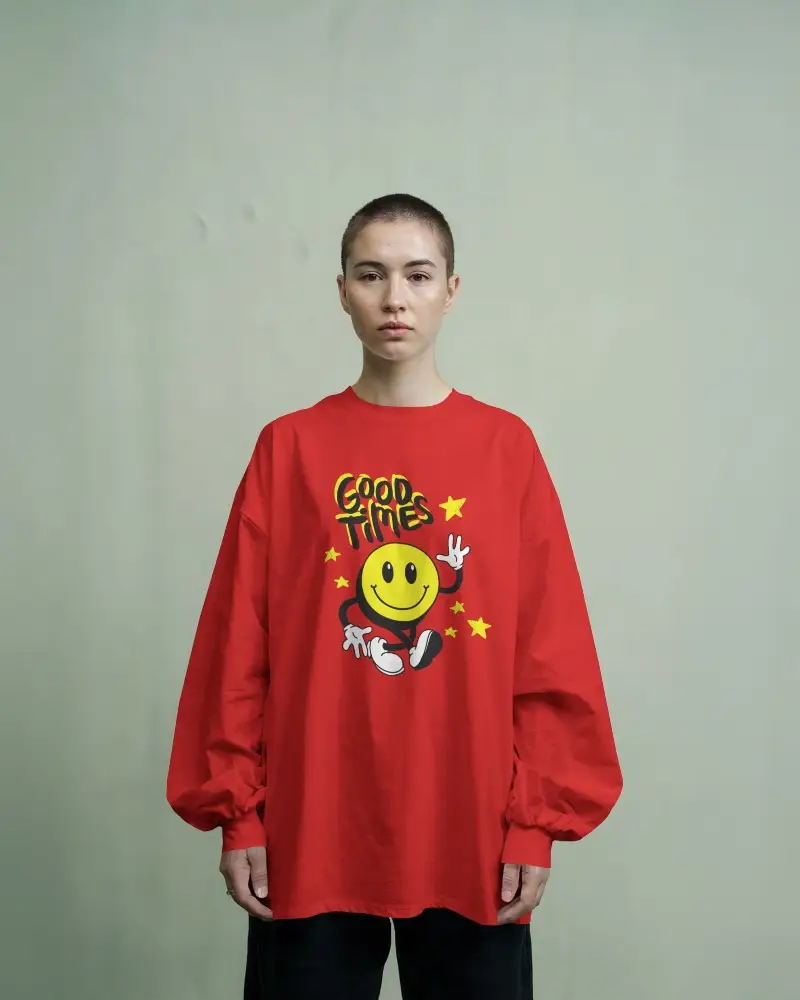 Long Sleeve White Tshirt Mockup Buzzcut Female Model Standing Front Facing In Soft Green Studio Minimalist Brand Template For Fashion