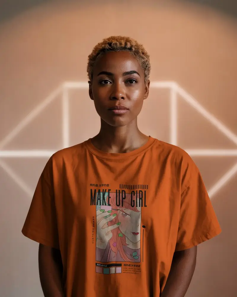 Confident Black Woman White Tshirt Mockup Front View Straight Pose Under Soft Geometric Lighting Minimal Modern Studio For Brand Showcase