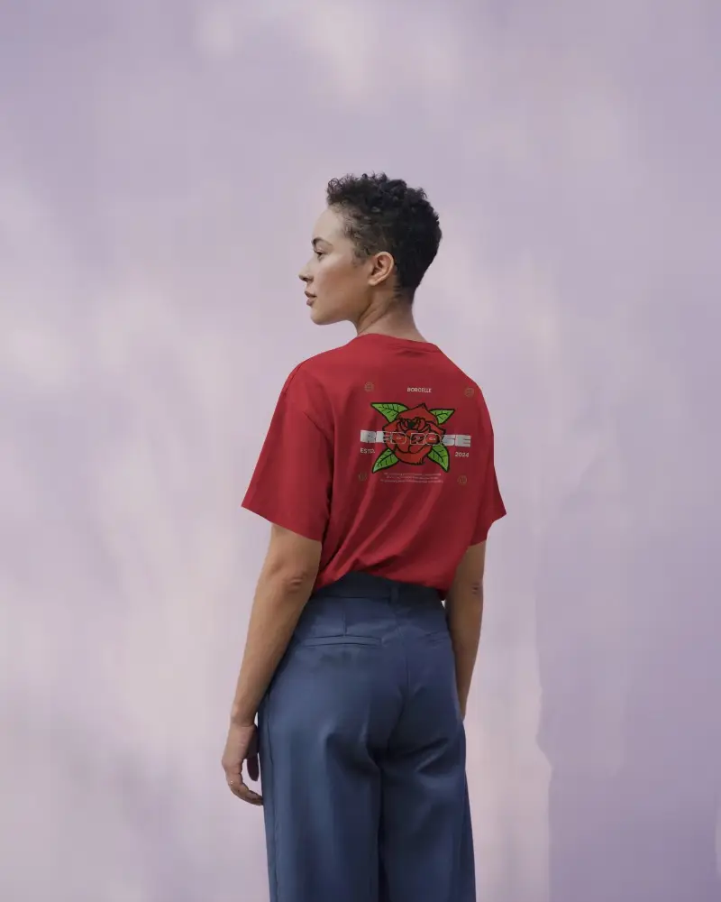 Back View White Tshirt Mockup Model In Blue Pants Soft Purple Sky Background Minimalist Style For Custom Design Display And Brand Showcase