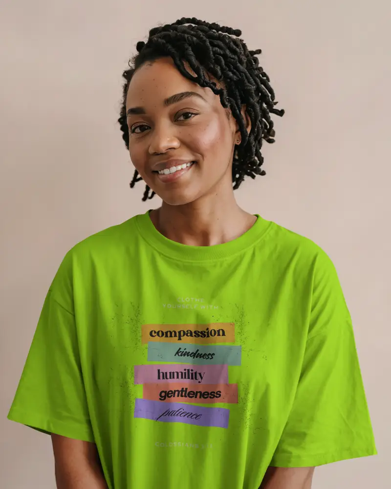 Front View White Tshirt Mockup Smiling Woman With Twisted Hairstyle Soft Pastel Peach Background Natural Lighting Clean Fashion Template