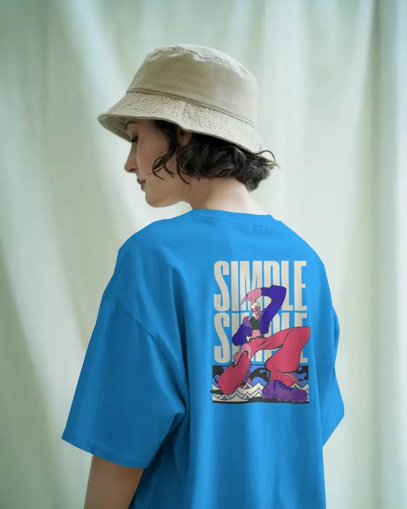 Back View Tshirt Mockup Woman Wearing Beige Bucket Hat Minimal White Tee Soft Green Fabric Backdrop Perfect For Nature Inspired Design Showcase