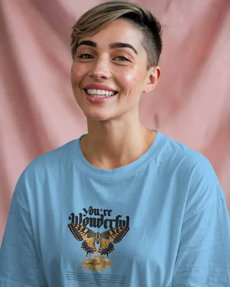 Smiling Female Model White Tshirt Mockup Front View Pink Drape Background Clean Design Template Perfect For Fashion Brand Promotion