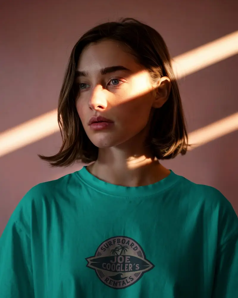 Dramatic Lighting Tshirt Mockup Female Model Facing Forward Sunbeam Across Face Moody Background Perfect For Elegant Design Showcase