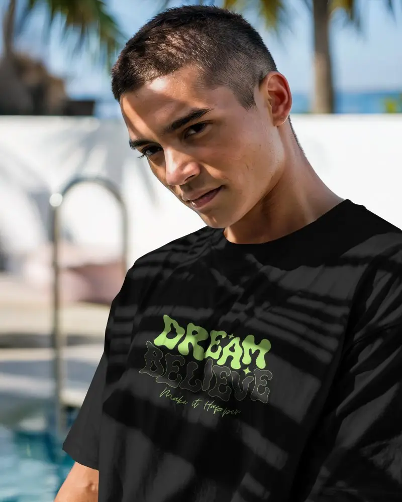 Tropical Poolside Tshirt Mockup Male Model In White Tee Under Shadowed Palm Lighting Outdoor Vibe Sunny Day Minimal Backdrop