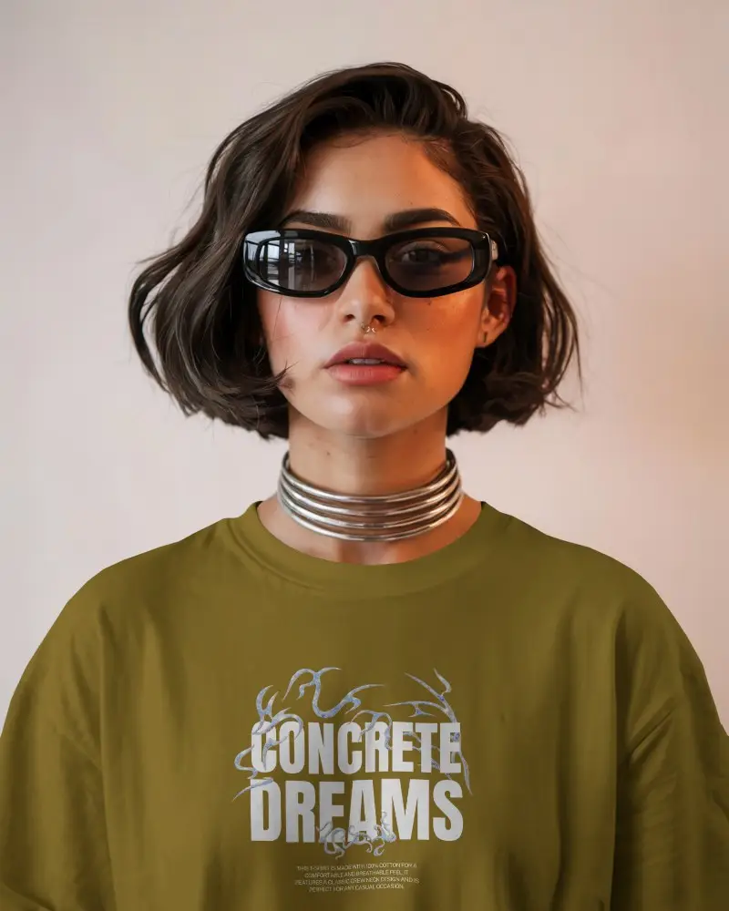 Bold Editorial Tshirt Mockup Woman In White Tee Wearing Dark Sunglasses Metal Choker High Fashion Vibe Neutral Background Styled Look