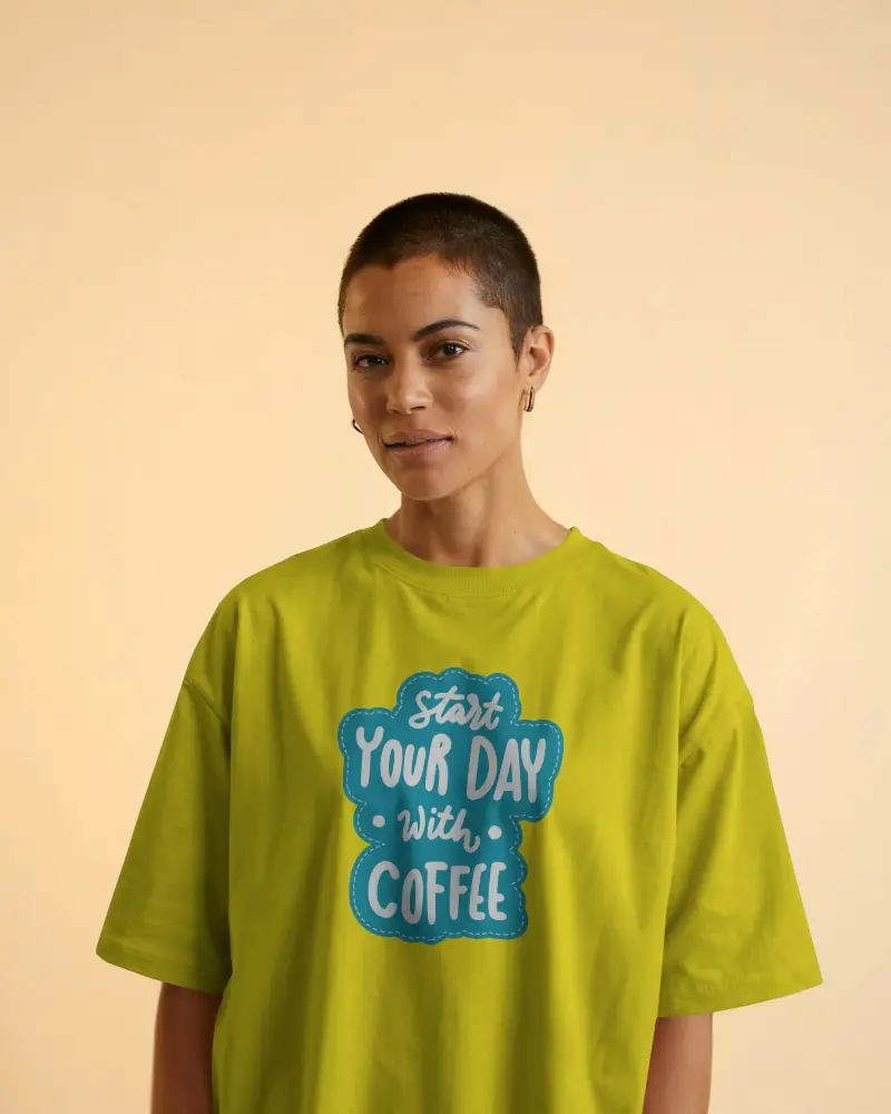 Minimalist Studio Tshirt Mockup Woman With Buzzcut Smiling In White Tee Soft Yellow Background Clean And Modern Portrait