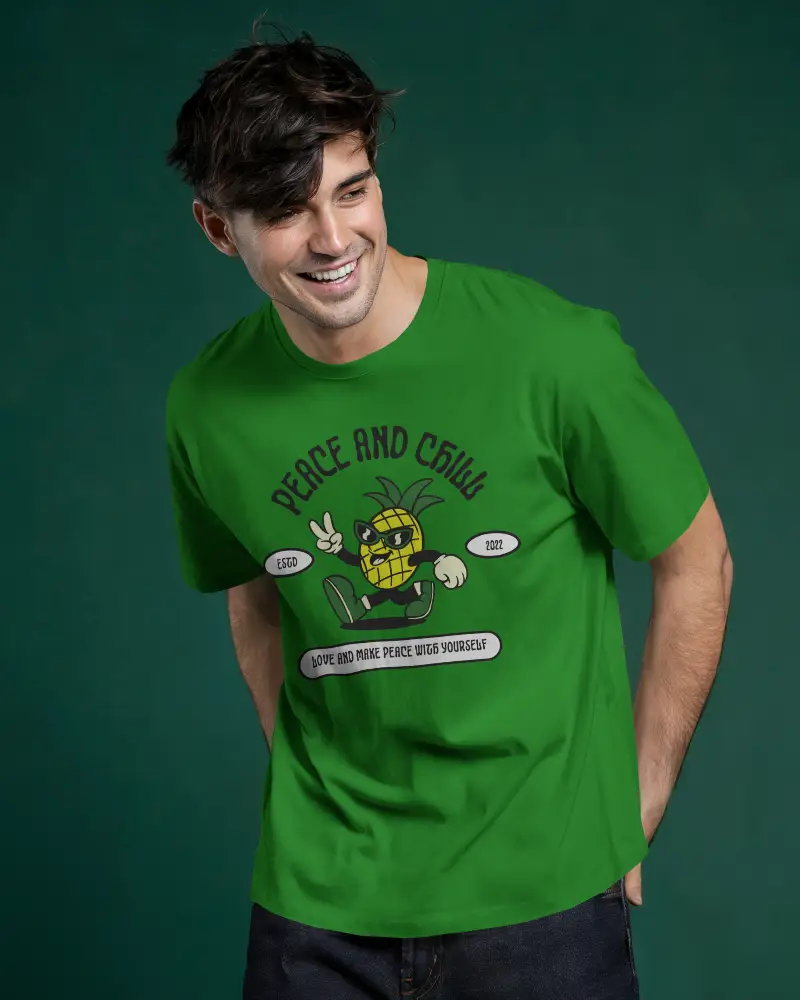 Studio Lighting T Shirt Mockup Smiling Man Wearing White Tee On Dark Green Backdrop Modern Fit Style With Relaxed Pose Casual Fashion Vibe