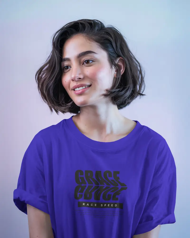 Soft Lighting Tshirt Mockup Woman In White Tee On Gradient Background Casual Smile Clean Folded Sleeves Modern Branding