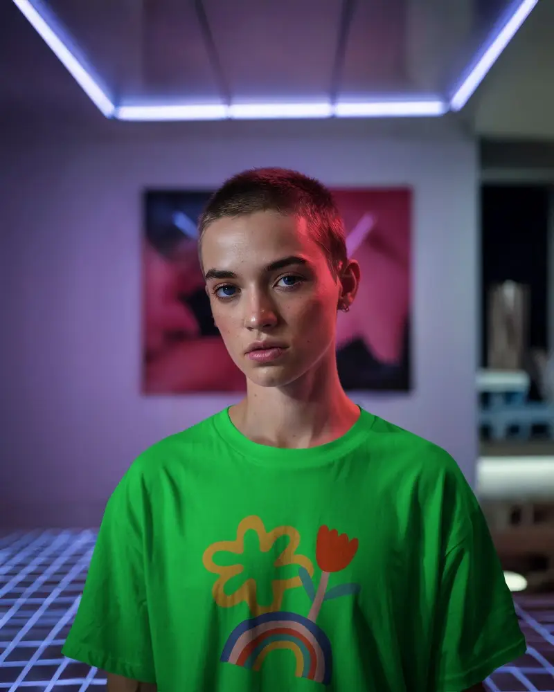 Neon Lit Tshirt Mockup Short Hair Model In White Tee Inside Modern Sci Fi Styled Room Moody Vibes And Bold Design Presentation