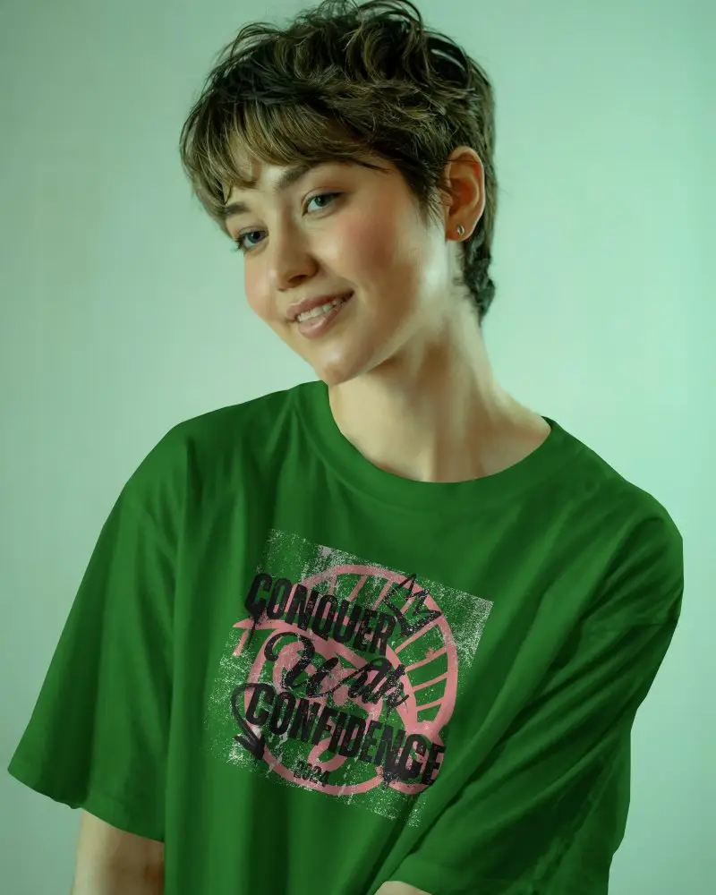 Soft Green Studio Tshirt Mockup Smiling Model In White Tee Minimal Aesthetic Clean Lighting Casual Vibe