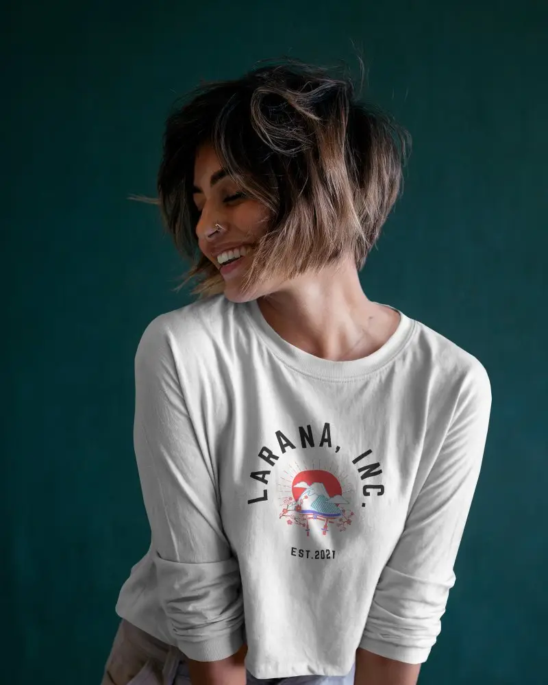 Studio Smile Longsleeve Tshirt Mockup Woman In White Tee Against Dark Green Background Happy Fashion Moment