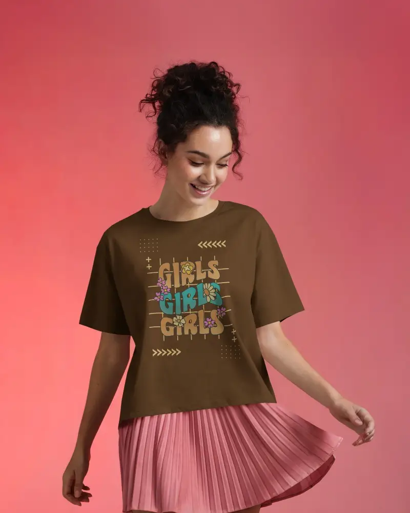 White Tshirt Mockup Female Model Dancing In Pink Skirt On Rosy Gradient Background