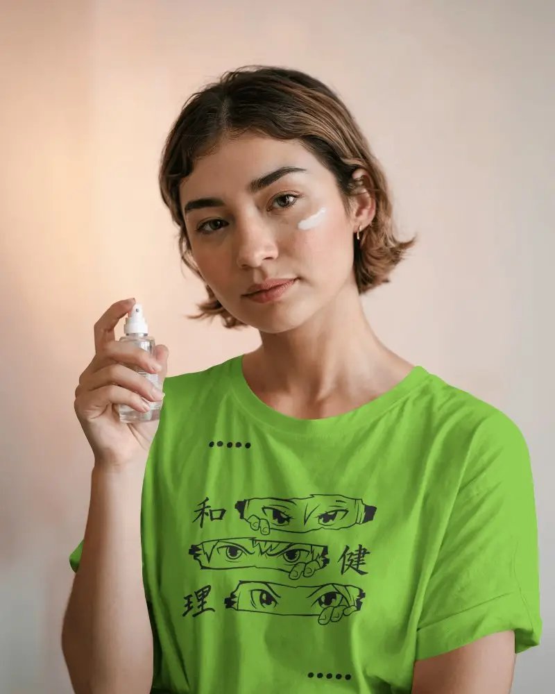 Soft Lit Beauty Tshirt Mockup Female Model Holding Face Mist Minimal Skincare Aesthetic