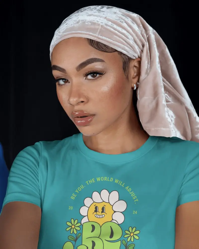 Cultural Elegance Tshirt Mockup Beautiful Woman Headwrap On Dark Backdrop