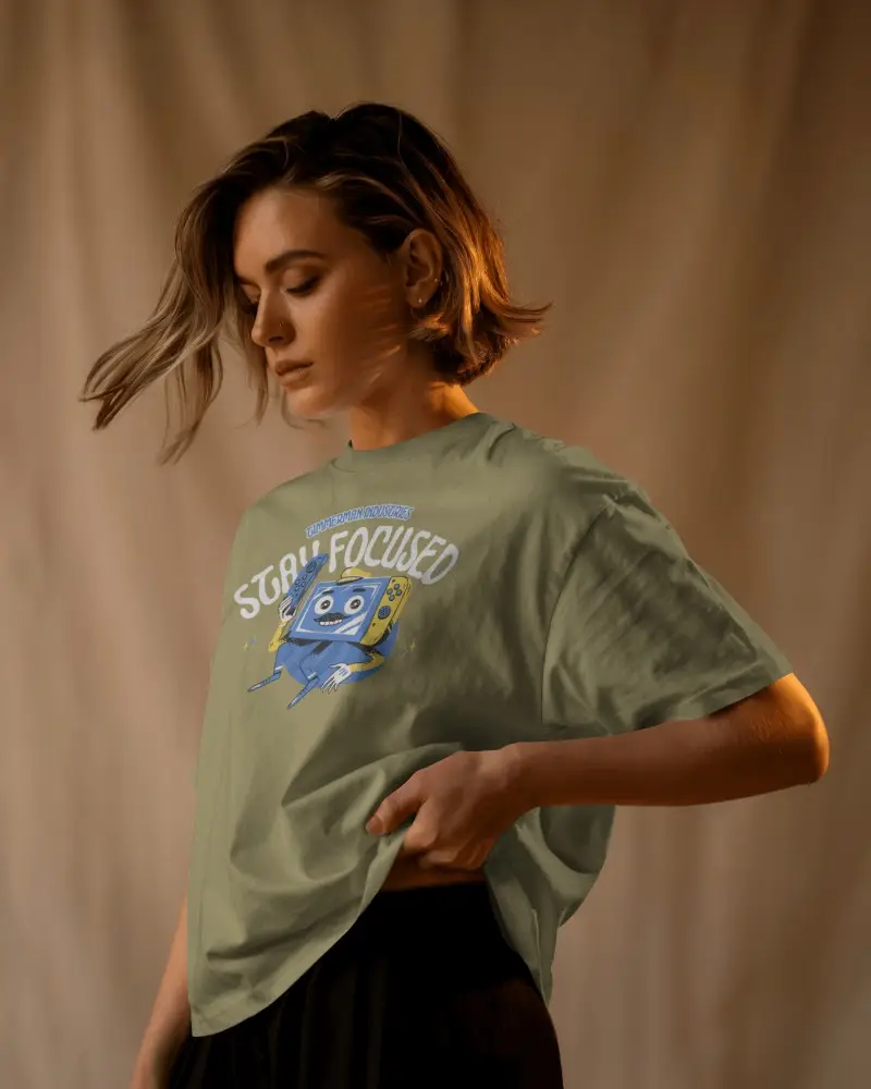 Cinematic Soft Light Tshirt Mockup Woman Holding Tshirt Edge Calm Expression