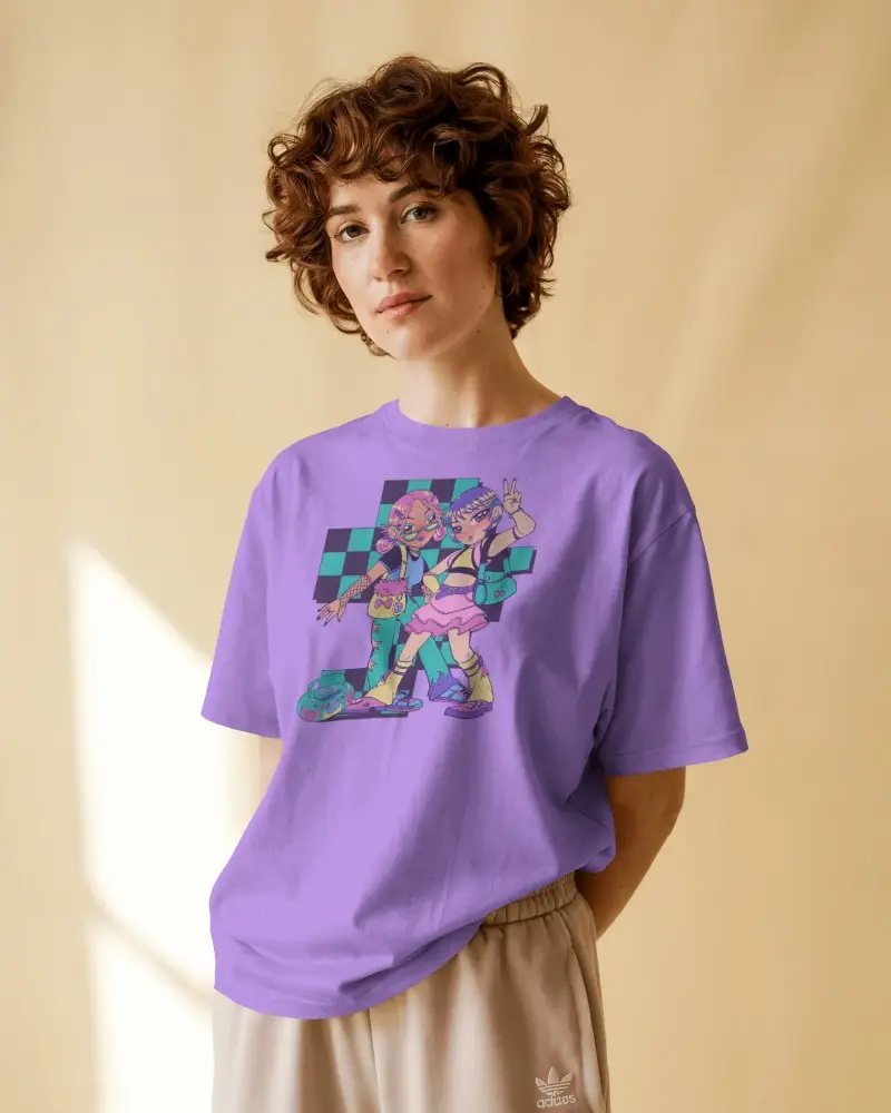 Cozy Natural Light Tshirt Mockup Curly Haired Woman In Loose Tee Casual Pose