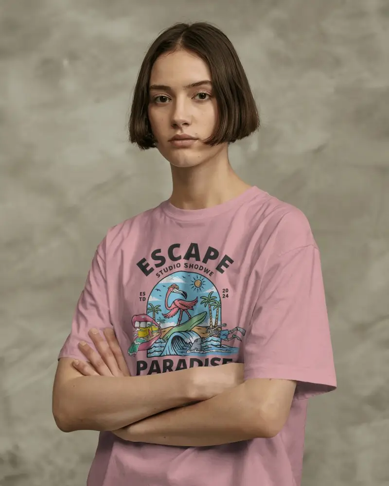 Neutral Studio T Shirt Mockup Female Model Crossed Arms Minimal Expression Clean Background