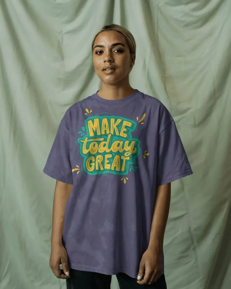 Studio Portrait Tshirt Mockup Young Woman In Tee On Flowing Curtain Background