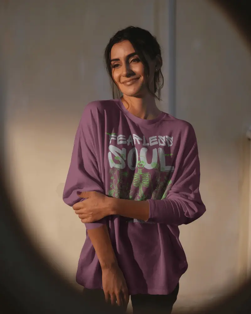 Spotlight Tshirt Mockup Smiling Female Model In Relaxed Pose Evening Ambience