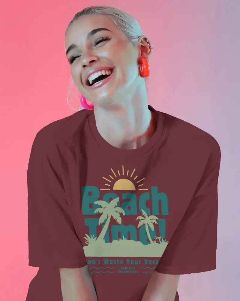 Bright Studio Tshirt Mockup Happy Girl In White Shirt On Pink Purple Gradient