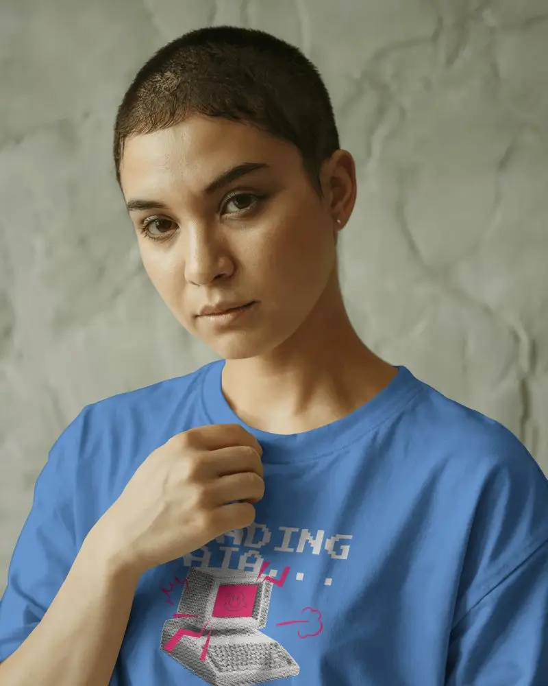 Closeup Portrait T Shirt Mockup Buzzcut Model In Soft Diffused Lighting And Concrete Texture Background