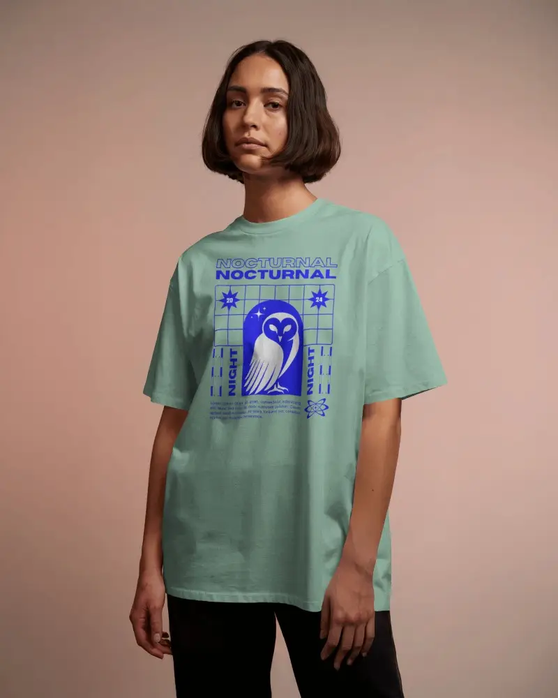 Fashion Editorial T Shirt Mockup Modern Short Hair Model Against Faded Backdrop