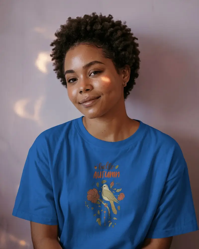 Casual T Shirt Mockup Female Model With Smile In Soft Light Ready For Graphic Customization