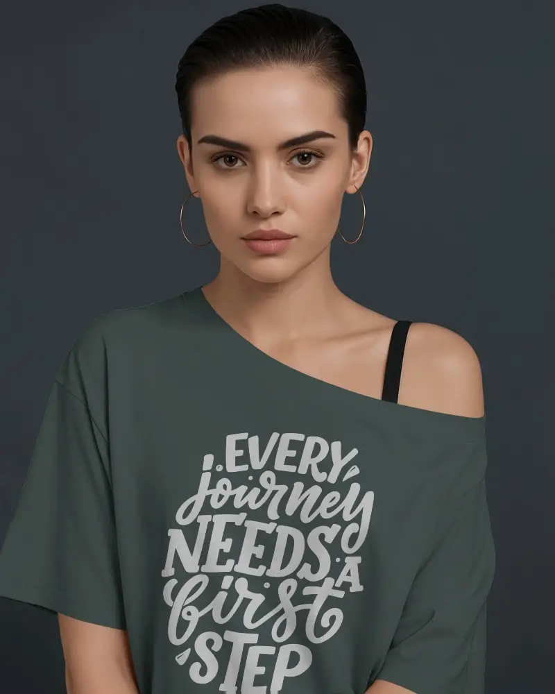 Dark Background Female Tshirt Mockup Off Shoulder Look Front View Studio Lighting