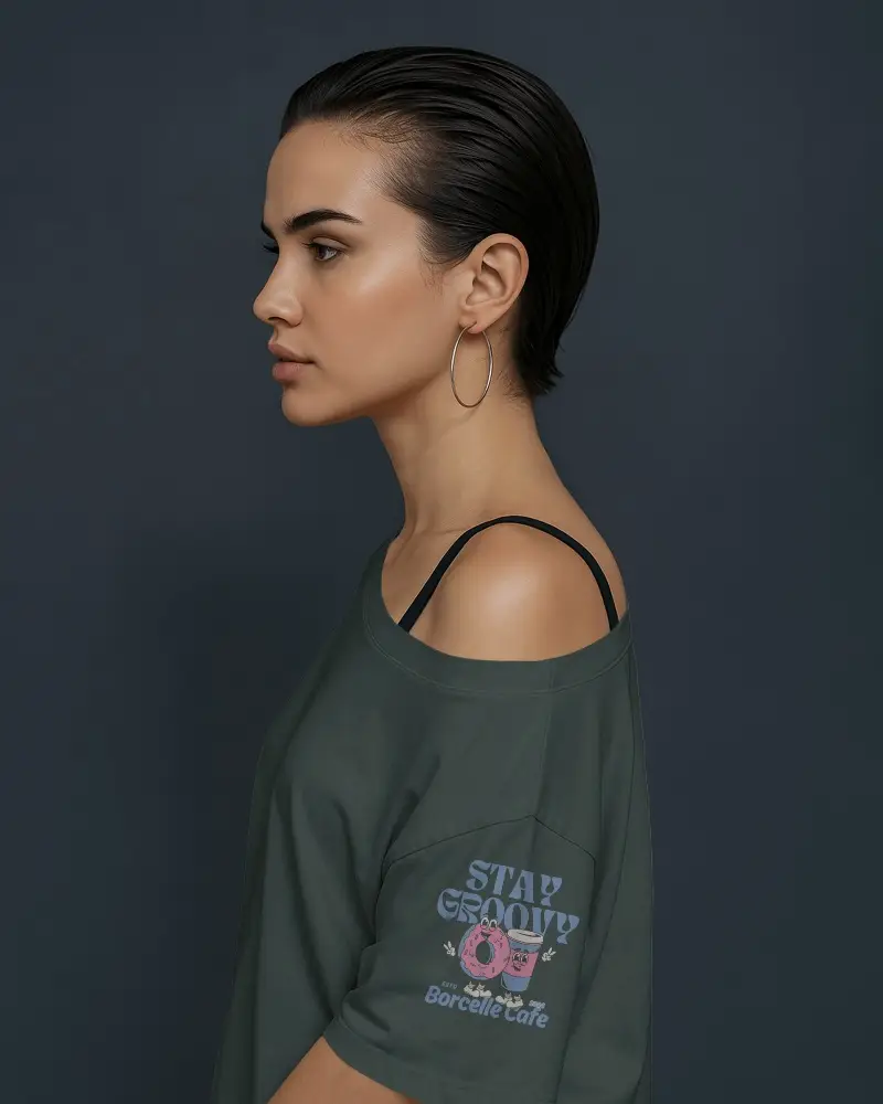 Side Profile Woman Tshirt Mockup Sleek Hairstyle Dark Elegant Setting