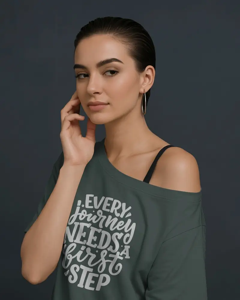 Off Shoulder Tshirt Mockup Female Front And Side Views Clean Dark Backdrop