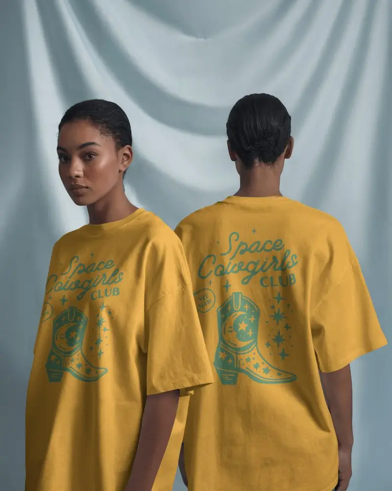 Dual View T Shirt Mockup Female Model Front And Back Against Soft Draped Fabric Background