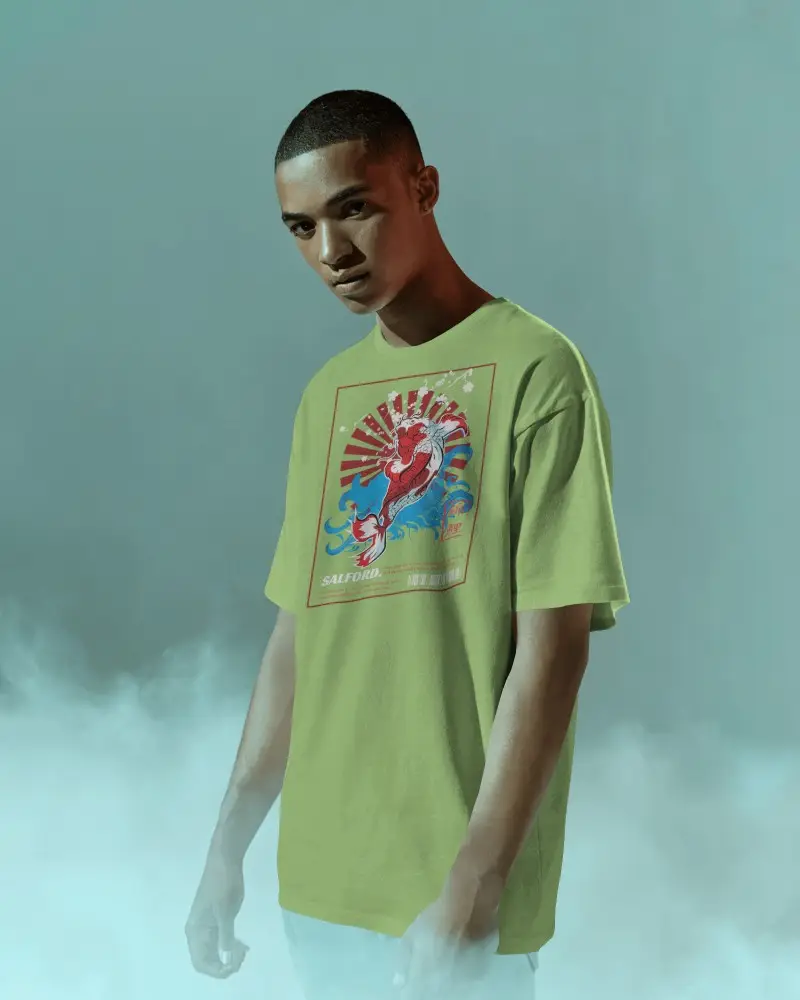 Dramatic Fog Backdrop Tshirt Mockup Young Man Posing In Soft Matte Light