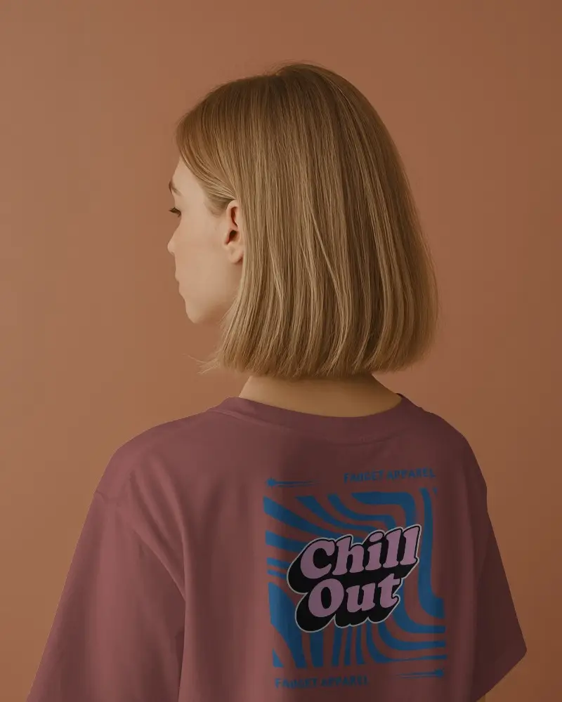 Relaxed Back Angle T Shirt Mockup Female Model With Blunt Bob Styled In Dark Minimal Shirt Natural Light