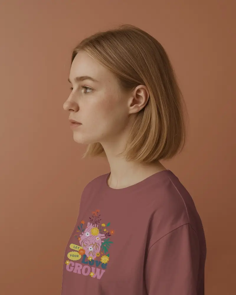 Neutral Side Profile T Shirt Mockup Woman Facing Left In Soft Lighting Contemporary And Clean Design