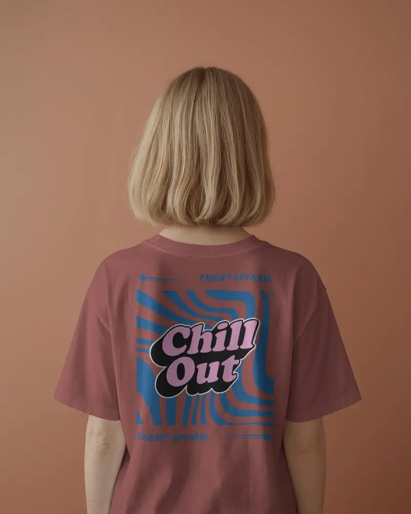 Back View Tshirt Mockup Blonde Female Model On Warm Toned Background Minimalist Aesthetic