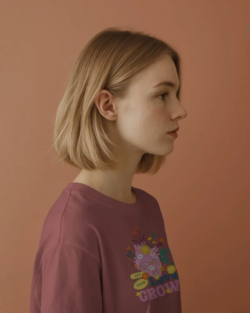 Modern Profile Tshirt Mockup Girl Facing Right Against Solid Clay Wall Color