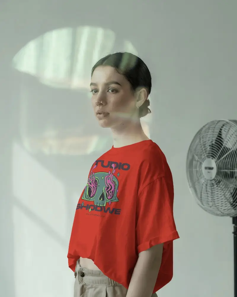 Side Profile Female Model T Shirt Mockup With Casual Attire And Thoughtful Expression Under Bright Natural Lighting
