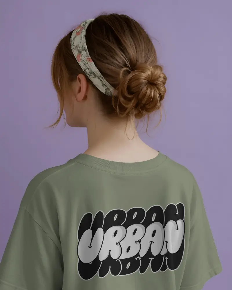 Soft Purple Backdrop Tshirt Mockup Female Model Wearing Headband Facing Away Casual Comfortable Fit