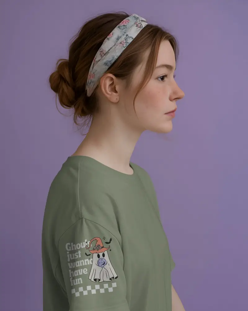 Soft Focus Profile Shot Tshirt Mockup Model In Floral Headband Looking Right With Natural Light
