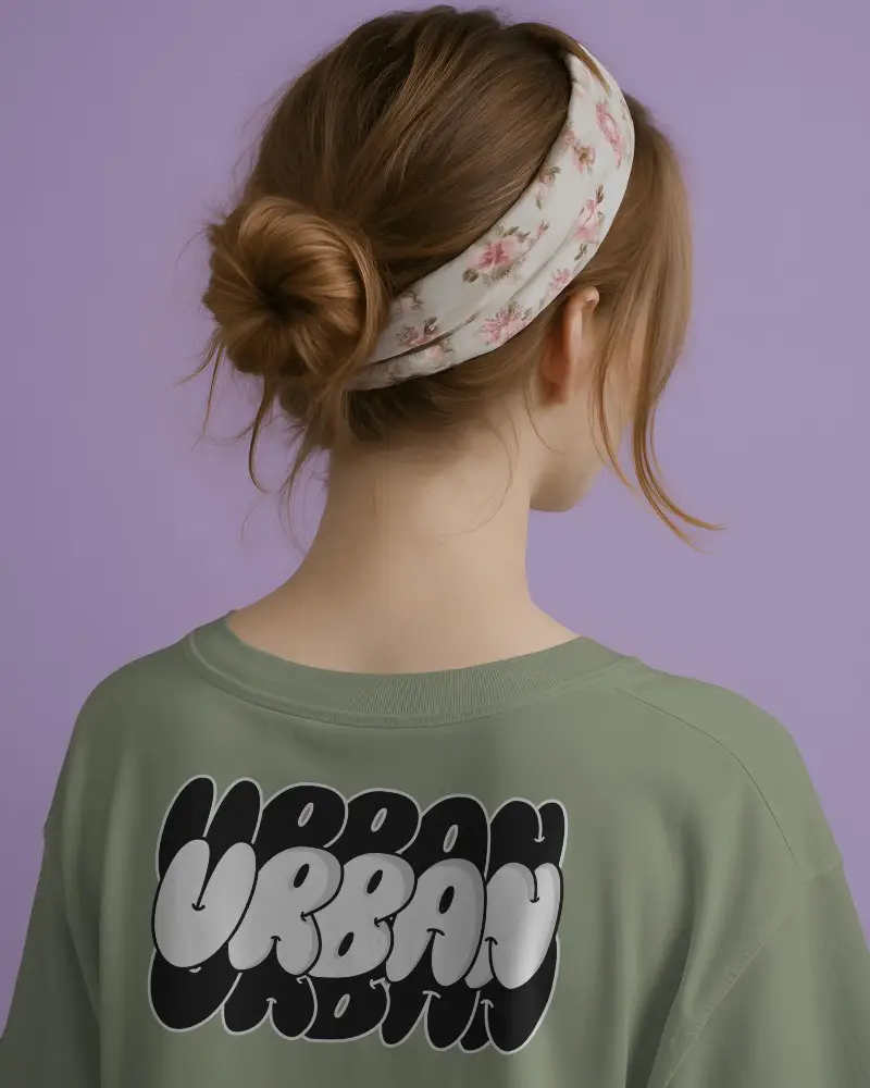 Close Up Backview Tshirt Mockup On Female Model Wearing Printed Headband Over Soft Purple Background