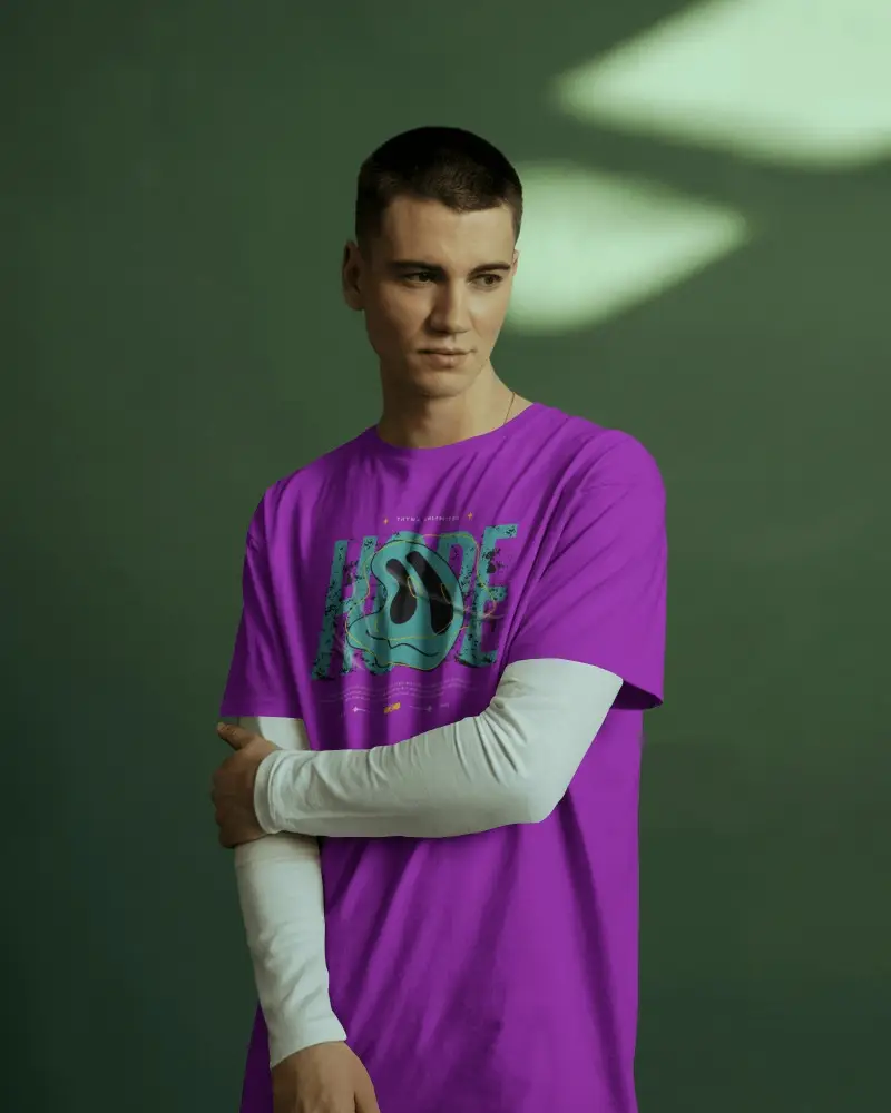 Green Background Tshirt Mockup Young Man In Casual Pose With Shadows